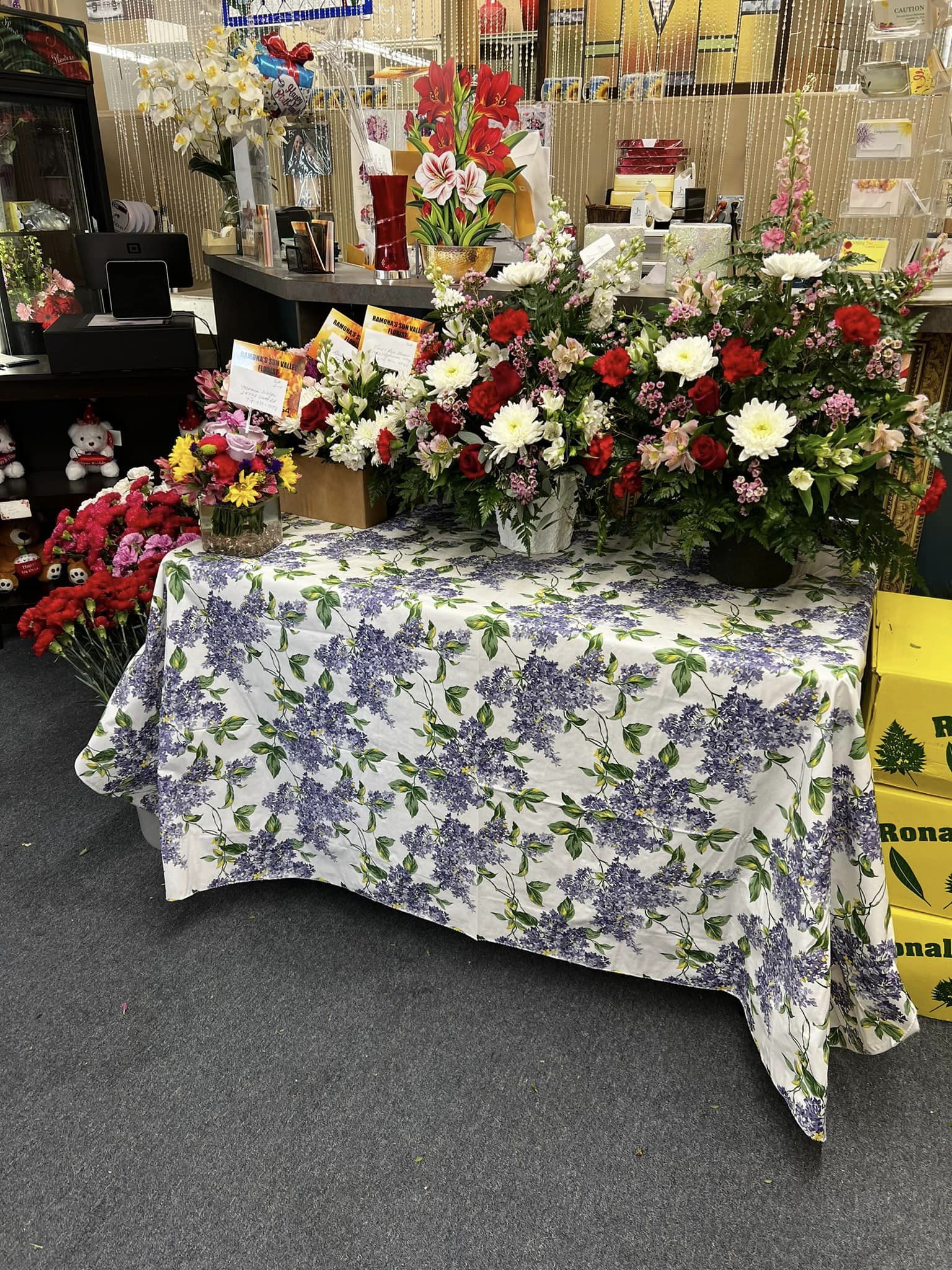 Sympathy flowers on display